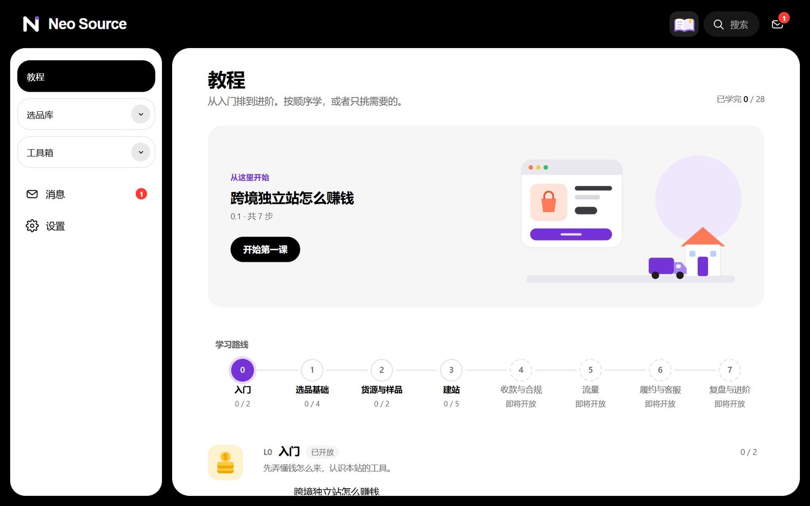 教程页：学习路线和每一级的课程